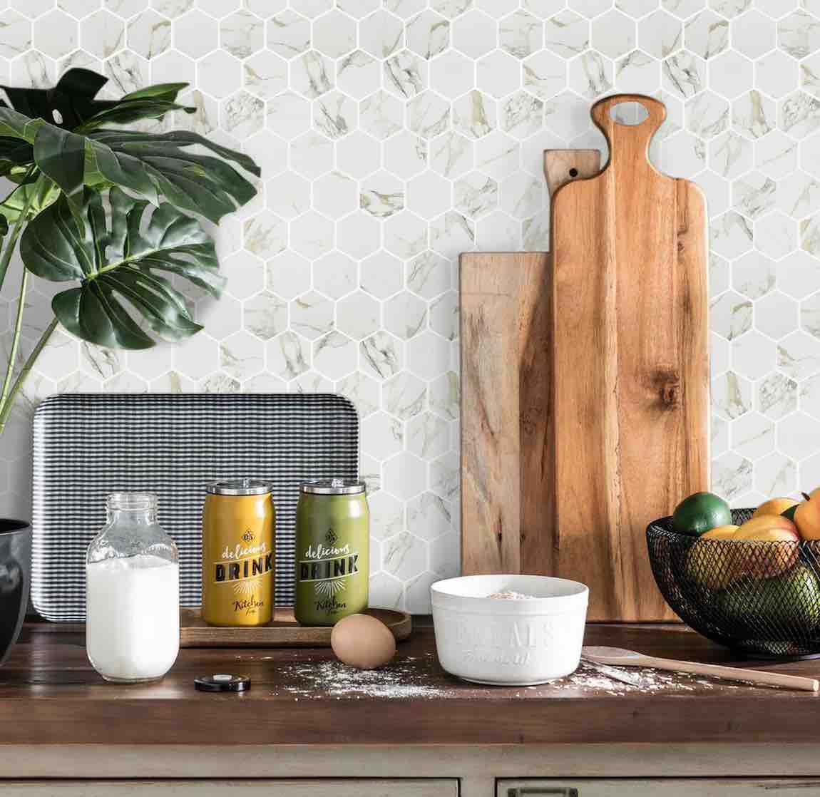 Eco-Friendly Recycled Glass Hexagon Tiles in Beige - Perfect for Kitchen Backsplash, Bathroom Walls & Sustainable Home Decor