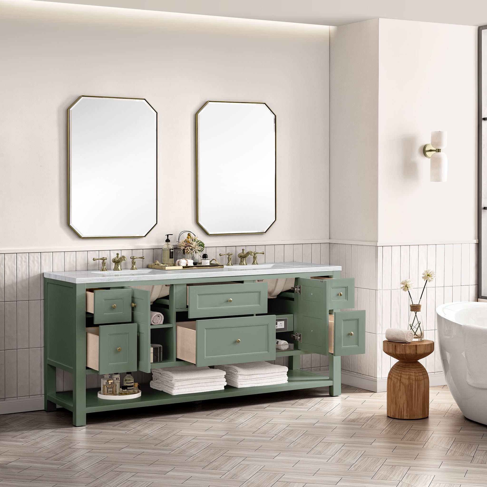 Breckenridge 72 Inch Double Vanity with Smokey Celadon Finish and 3CM Arctic Fall Quartz Top - Perfect for Modern Bathroom Renovation and Master Suite Upgrade