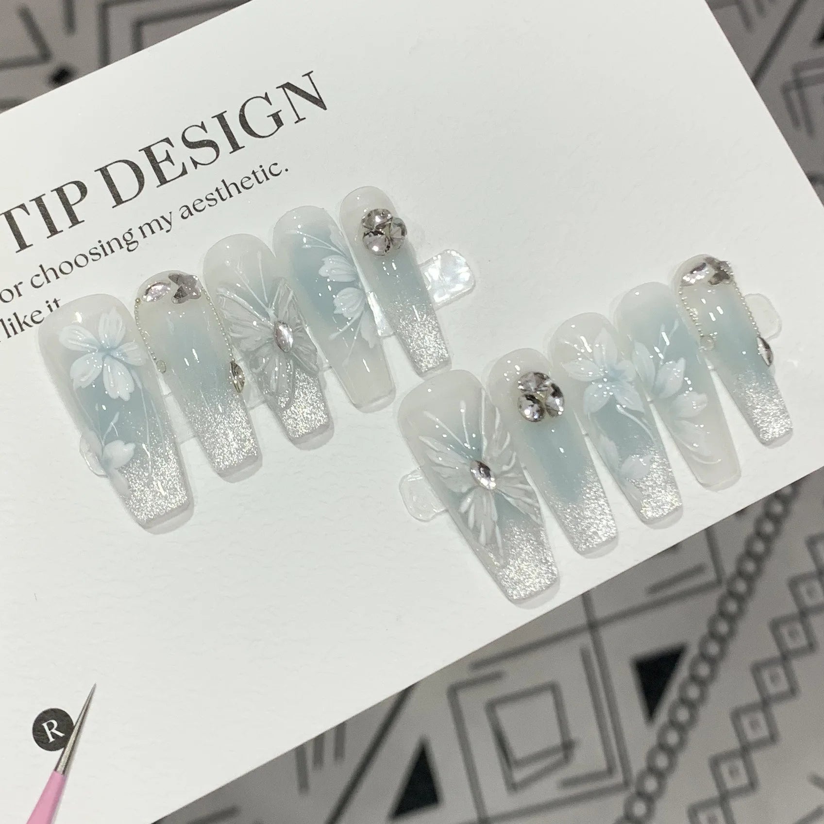 10Pcs Long Coffin Ballerina Press on Nails - Crystal Handmade False Nails with Diamond Glitter & Butterfly Design, Ombre French Tips for Women - Perfect for Parties, Weddings & Special Occasions