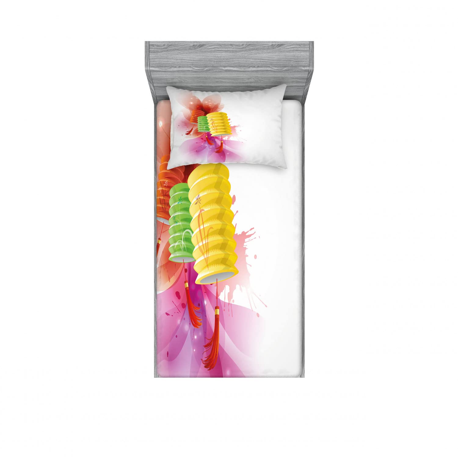 Ambesonne 2-Pack Twin Fitted Sheets & Pillow Sham Set - Vibrant Folk Festival Pattern, 4-Piece Bedding Set (2 Fitted Sheets + 2 Pillow Covers) - Colorful Bohemian Decor for Guest Rooms, Dorms & Festival-Themed Bedrooms