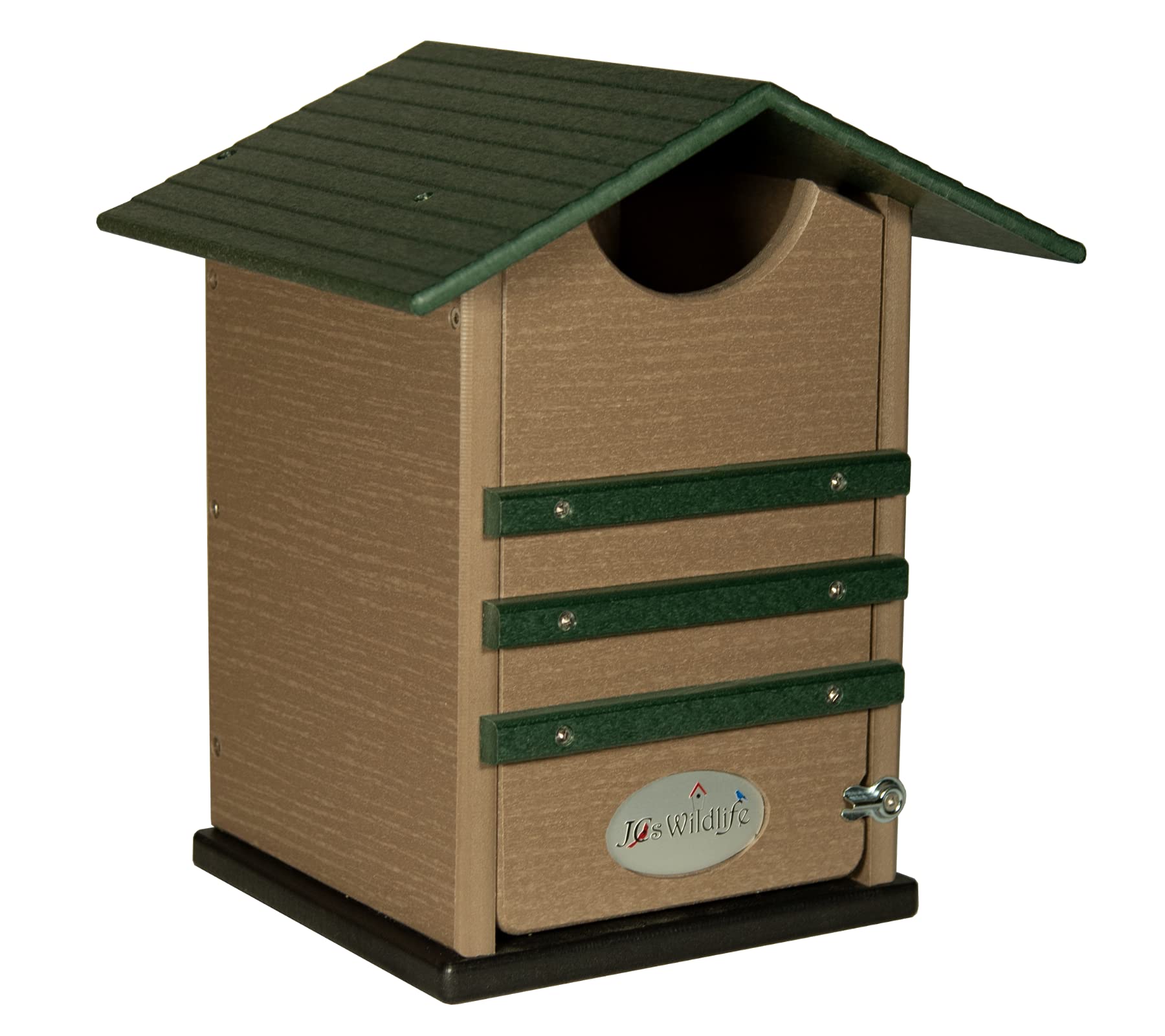 JC's Wildlife Green & Tan Ultimate Poly Screech Owl Nesting Box - Durable Owl House for Screech Owls, Saw-Whet Owls & Kestrels - Easy-Clean Design with Access Door - Perfect for Backyard Birdwatching & Wildlife Conservation