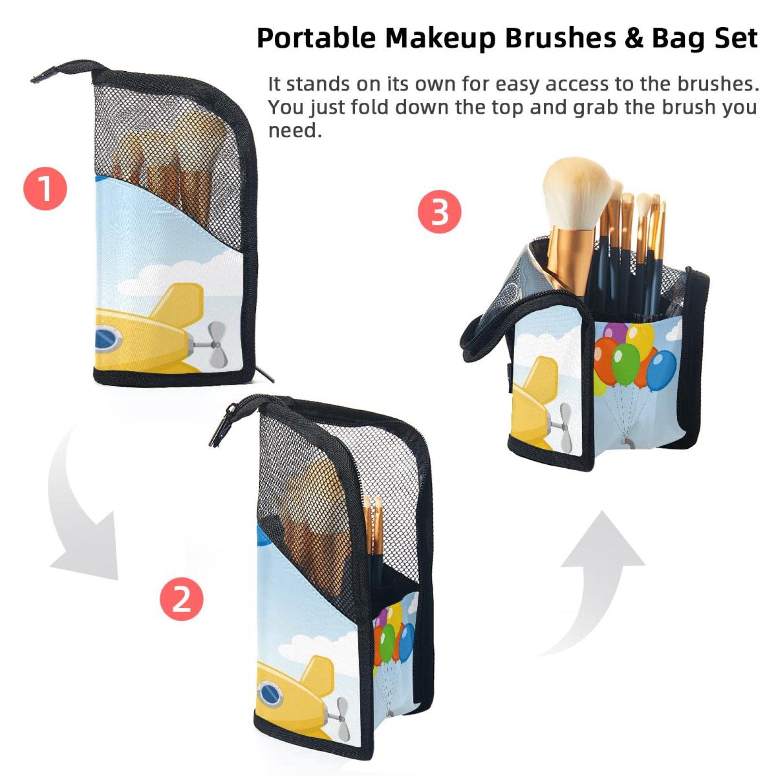 Portable Makeup Brush Organizer Bag with 12 Slots - Cute Balloon & Airplane Cartoon Design - Travel Makeup Brush Holder Case for Professional Makeup Artists & Beauty Lovers (Great for Travel, Home & Salon Use)