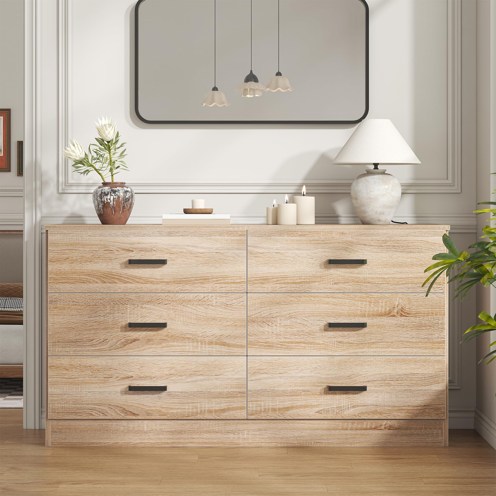 Bigbiglife 6-Drawer Double Dresser for Bedroom - Modern Chest of Drawers with Deep Storage, Large Dresser TV Stand Organizer for Living Room & Closet - Light Oak Finish | Perfect for Bedroom Storage, Living Room TV Stand & Closet Organization
