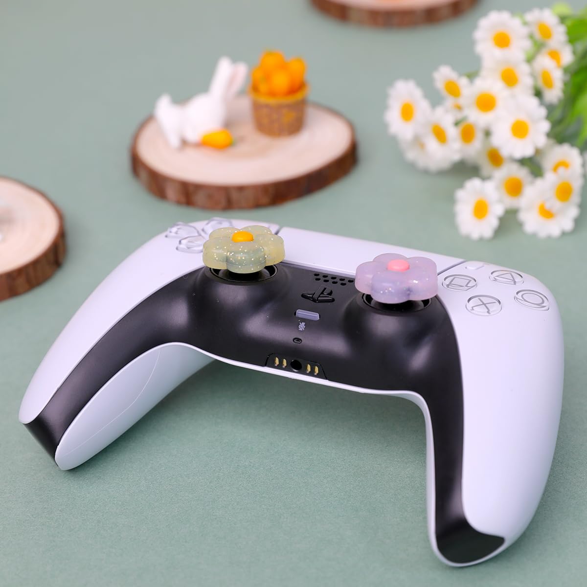 PERFECTSIGHT Cute Glitter Flower Thumb Grips for PS5, PS4, Xbox Series X/S, Xbox One, Switch Pro Controller - 4PCS Soft Rubber 3D Analog Joystick Covers - Kawaii Gaming Accessories for Enhanced Grip & Comfort During Long Gaming Sessions