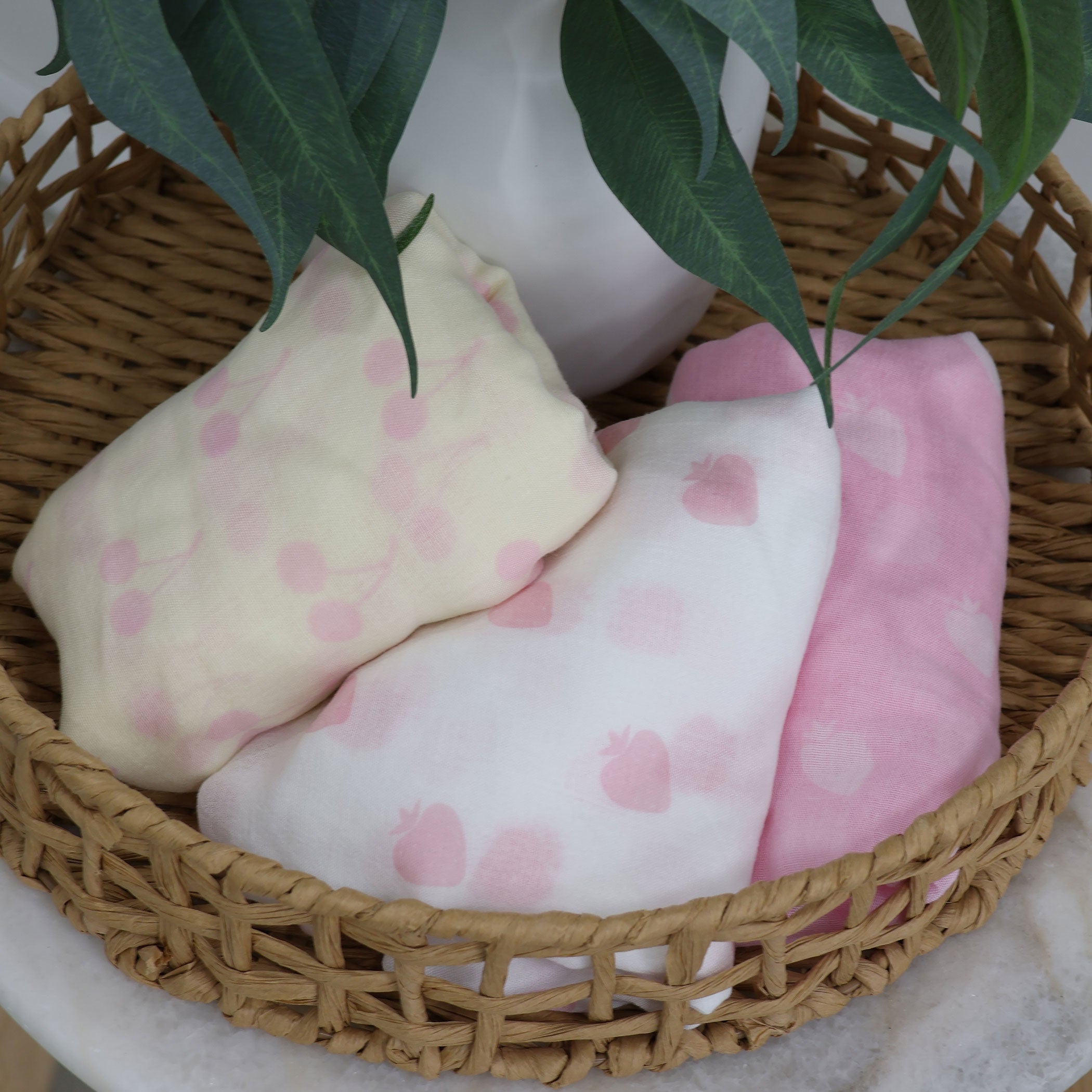 Nordic Sorbet 3-Pack Muslin Baby Swaddle Wraps - Soft Strawberry & Cherry Print - Breathable Cotton for Newborns & Infants - Perfect for Swaddling, Nursing Cover & Stroller Blanket