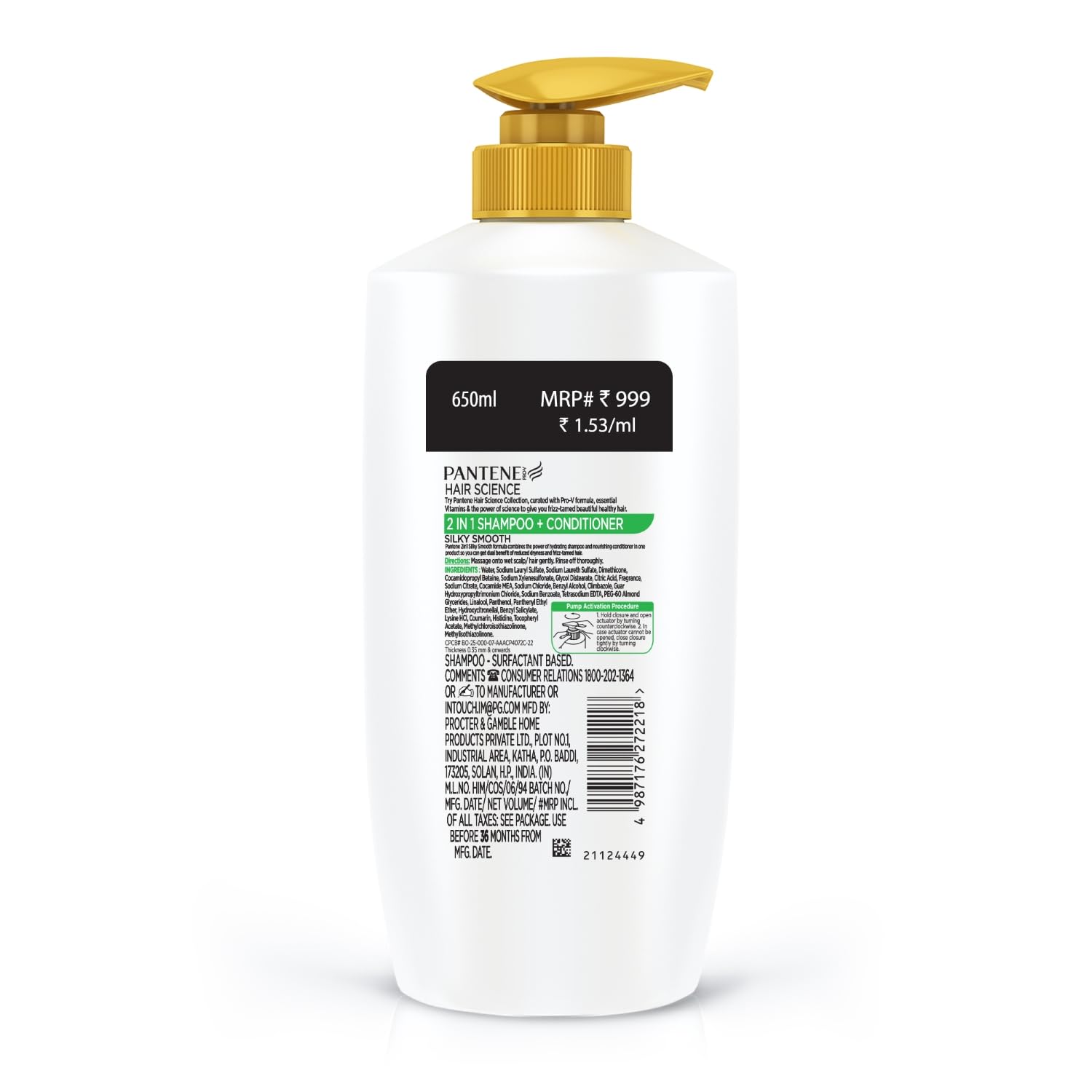 Pantene Advanced Hair Fall Solution Shampoo and Conditioner 2-in-1 - 650ml for Silky Smooth Hair - Pack of 1 - Green Bottle - Perfect for Daily Hair Care & Damaged Hair Repair