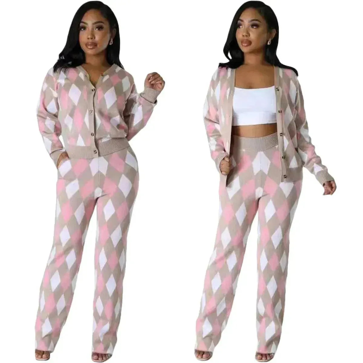 Stylish Women's Knit Geometric Print Two-Piece Pants Set | Trendy Outfit for Casual Wear, Office & Date Nights