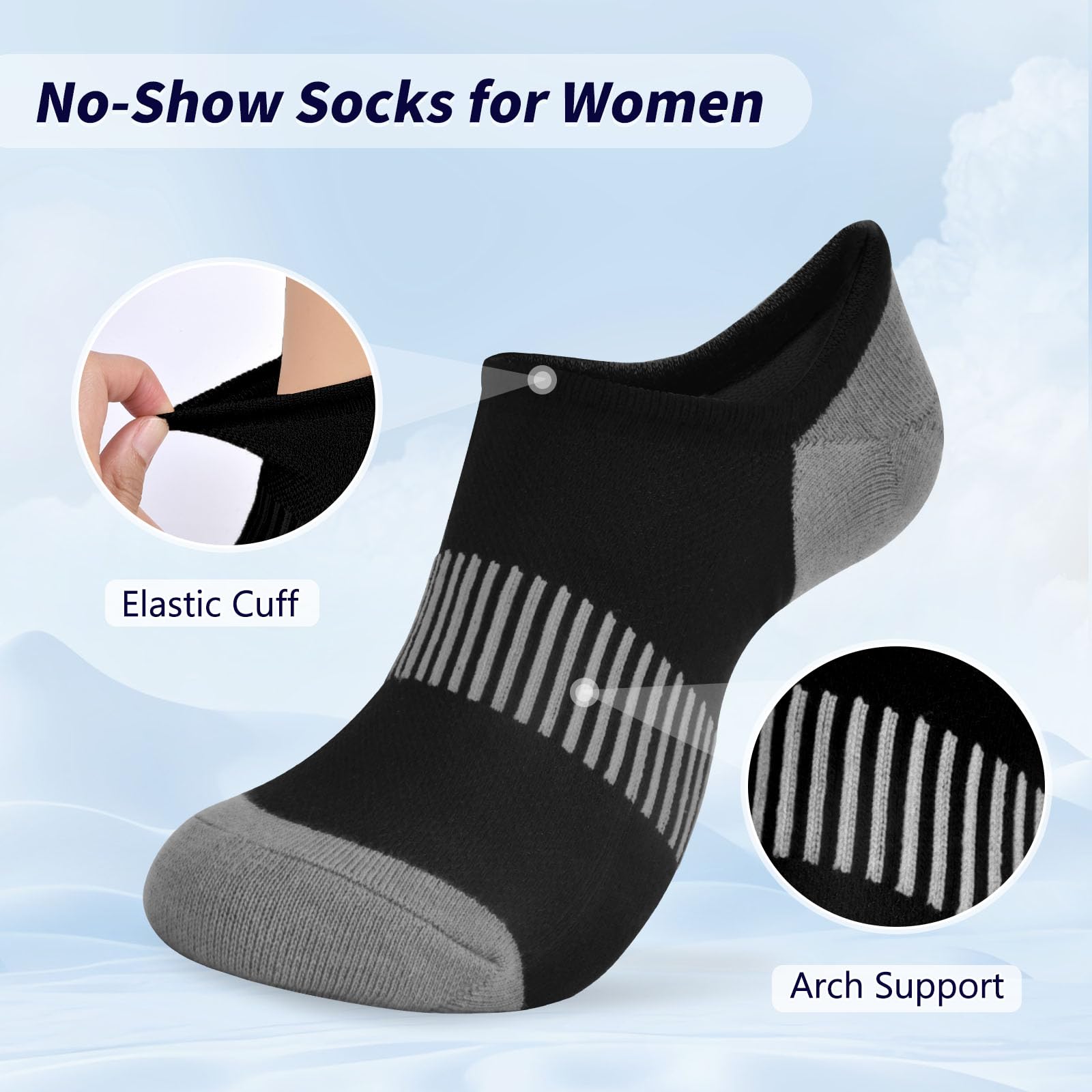 Women's No Show Socks - Breathable Cotton Low Cut Invisible Ankle Socks with Non-Slip Grip (Size 6-11) - Perfect for Sneakers, Loafers & Casual Shoes