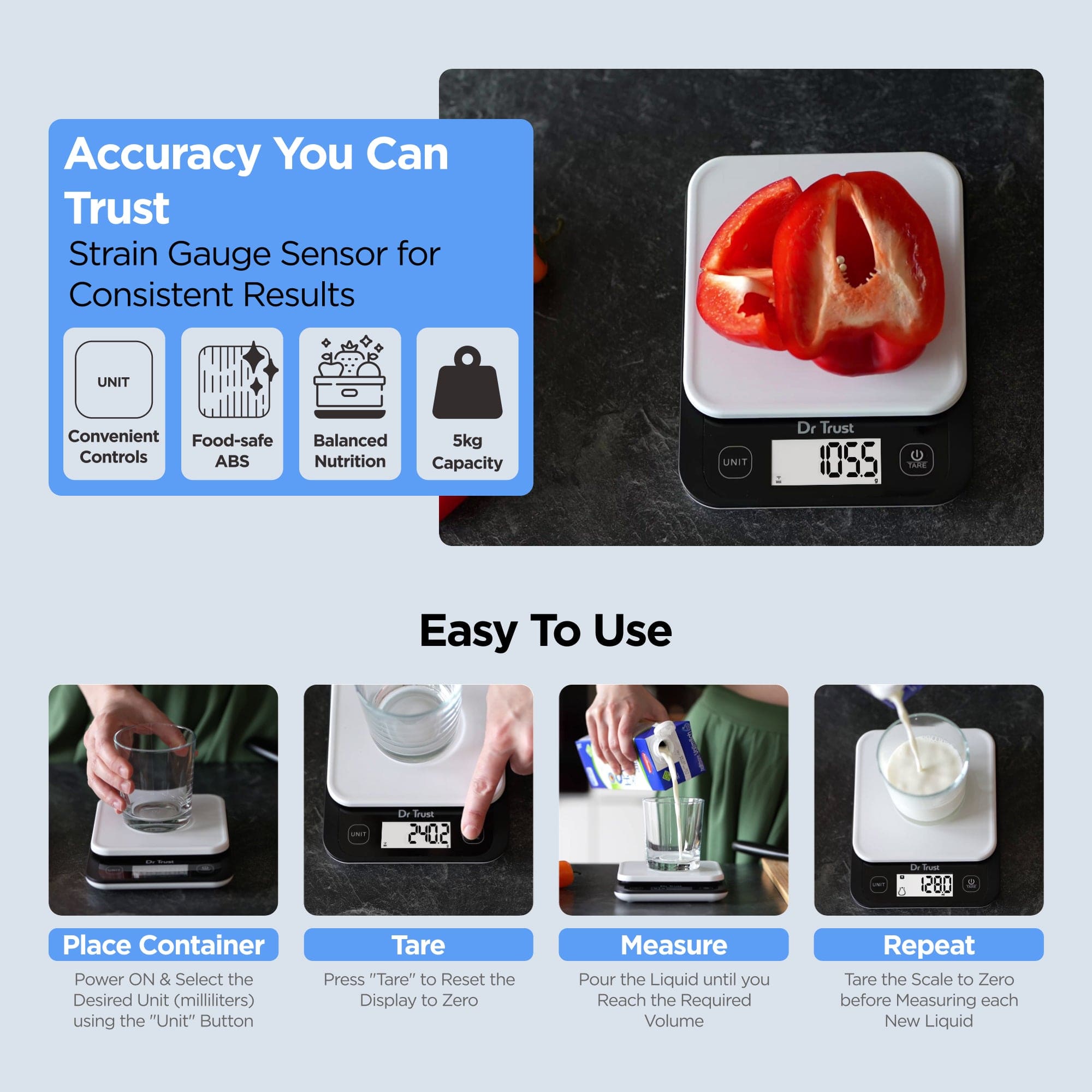 Dr Trust USA Digital Kitchen Scale 5kg - Precise Food Scale for Baking, Cooking & Portion Control with Tare Function - Perfect for Home, Shop & Healthy Diet Meal Prep