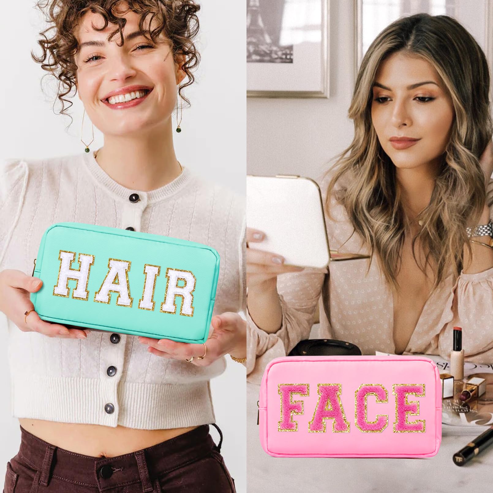 4 Pack Nylon Makeup Bags - Preppy Cosmetic Organizer with Chenille Letters, Waterproof Travel Toiletry Pouches for Women (SKIN STUFF HAIR FACE) - Perfect for Travel, Gym & Daily Essentials Storage