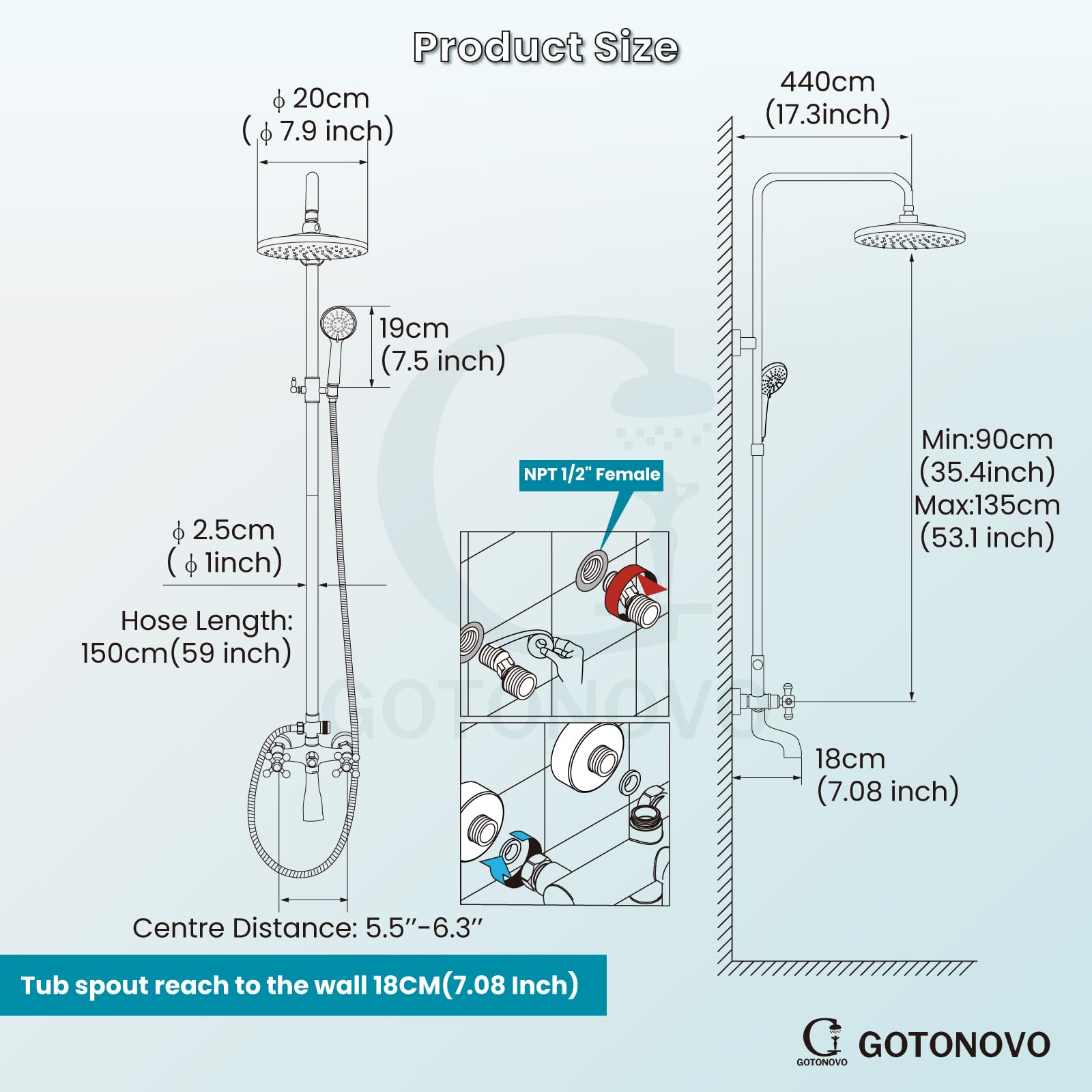 Gotonovo 8 Inch Exposed Shower System - Matte Black Rainfall Showerhead with 3-Function Spray, Tub Spout & 2 Cross Handles for Bathroom Remodeling | Perfect for Master Bath, Guest Bath & Spa-Like Shower Experience