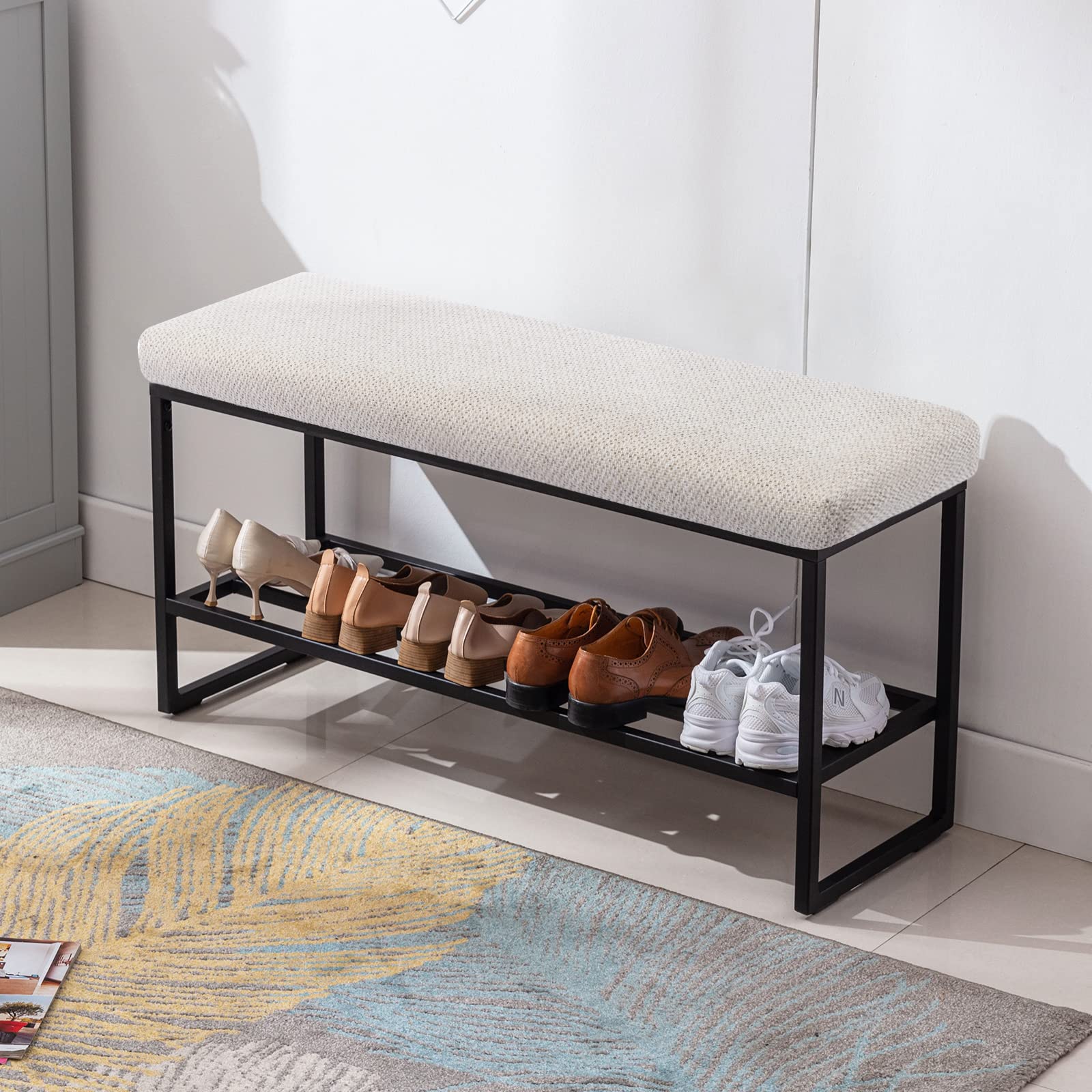 Zesthouse Upholstered Storage Shoe Bench - Entryway, Bedroom, Living Room Furniture with Metal Frame | Beige Fabric Seat for Hallway, Closet & Mudroom Organization | Perfect for Small Spaces & Home Decor