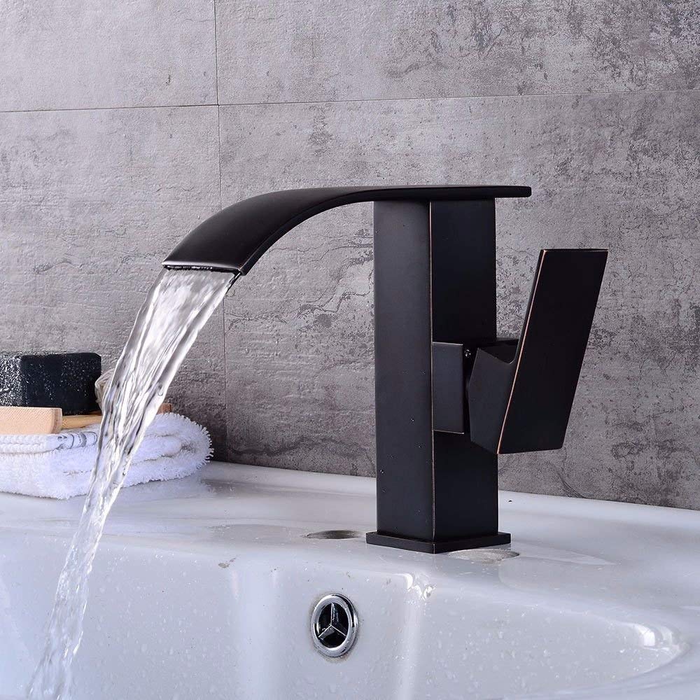KXA Black Oil Rubbed Bronze Waterfall Bathroom Sink Faucet - Single Hole Single Lever Basin Mixer Tap with Ceramic Cartridge for Hot & Cold Water - Perfect for Modern Vanities and Powder Rooms