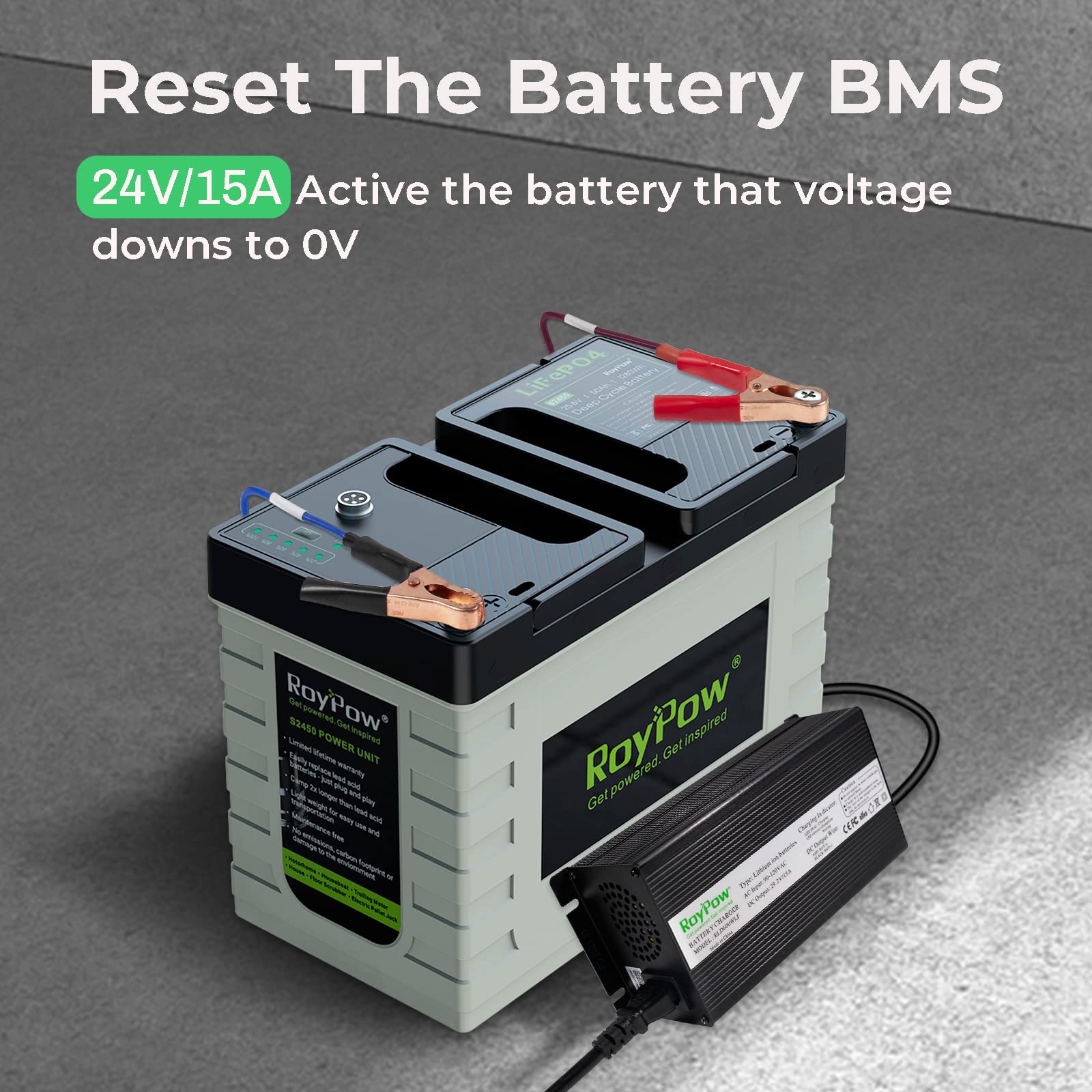24V 15A LiFePO4 Battery Charger - RoyPow Smart Lithium Battery Maintainer for 24V Deep Cycle Rechargeable Batteries | Fast Charging 29.2V Output | Perfect for Golf Carts, RVs, Marine & Solar Power Systems