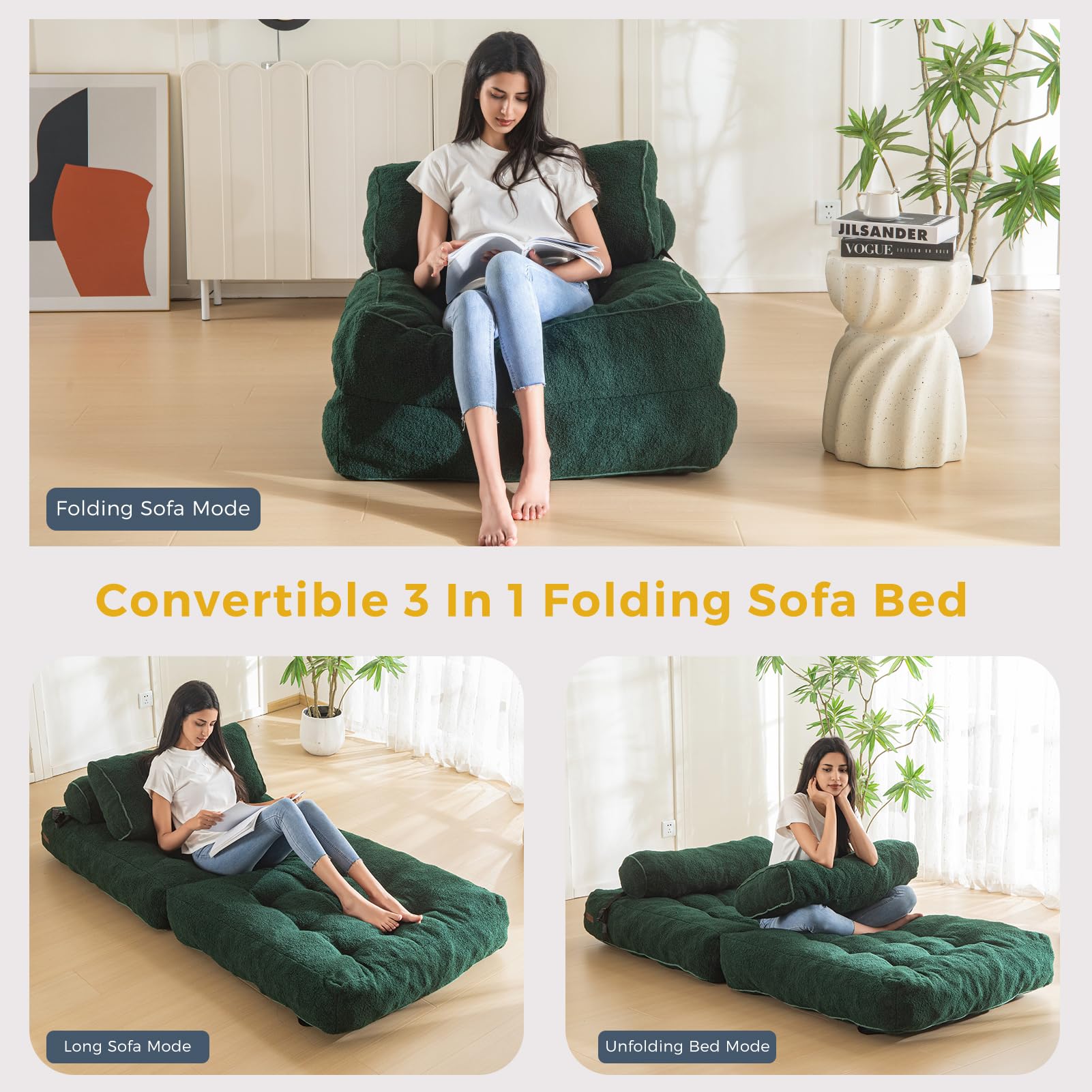 MAXYOYO Fuzzy Folding Sofa Bed - Convertible Sleeper Chair with Pillow & Foldable Mattress - Back Support for Comfort - Green Futon for Small Spaces - Perfect for Guest Room, Dorm, Apartment & Office Use