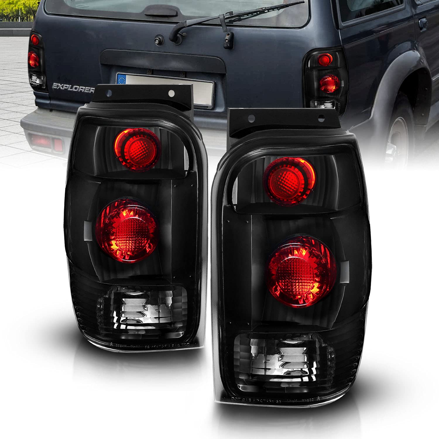 AmeriLite Black Smoke Replacement Brake Tail Lights for 1998-2001 Ford Explorer - Left & Right Side - Durable LED Lights for Enhanced Safety & Style - Perfect for Off-Roading, Night Driving & Custom Car Upgrades