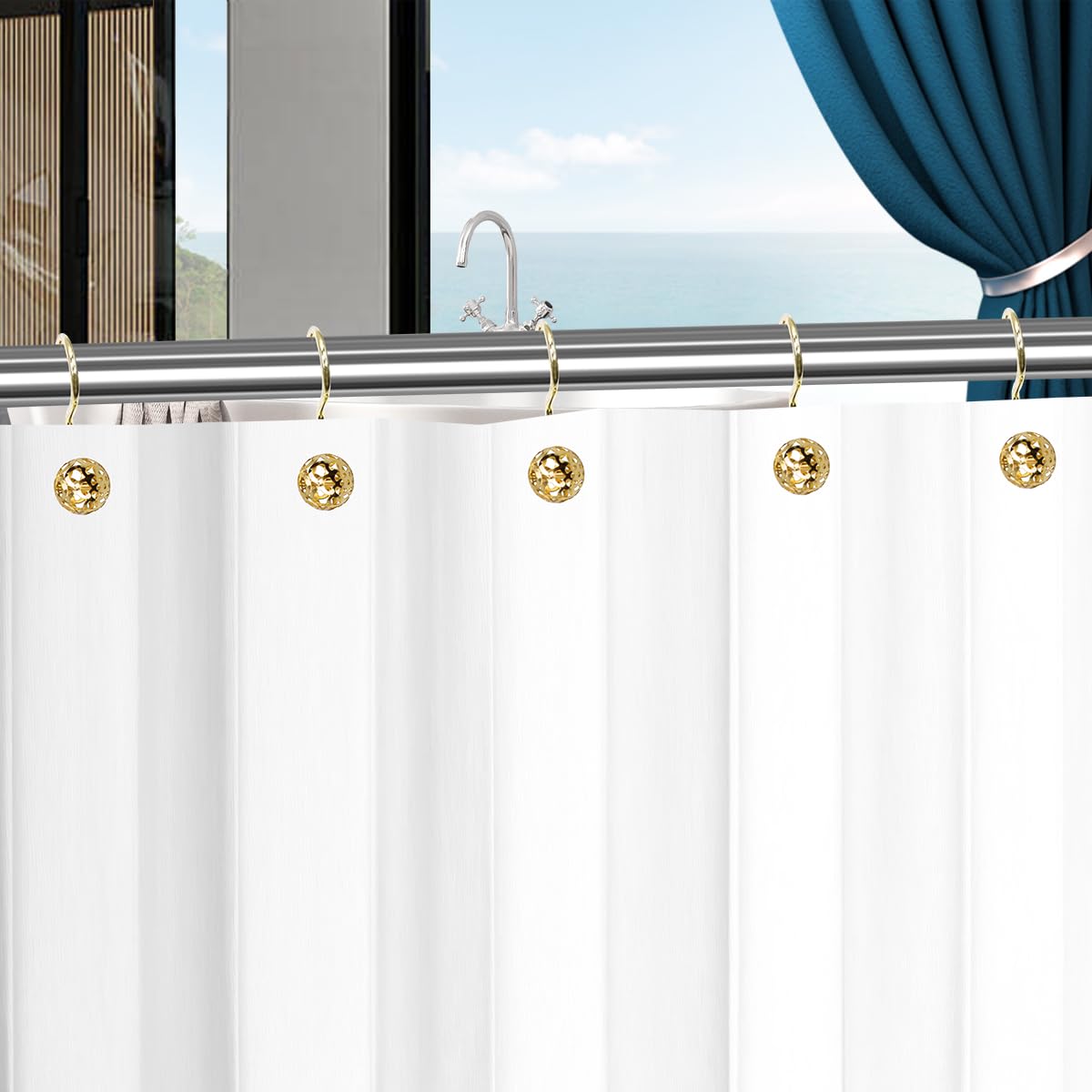 12-Pack Rustproof Stainless Steel Shower Curtain Hooks - Premium Hollow Ball Design for Bathroom Rods (Gold) - Perfect for Modern Bathrooms & Spa-Like Showers