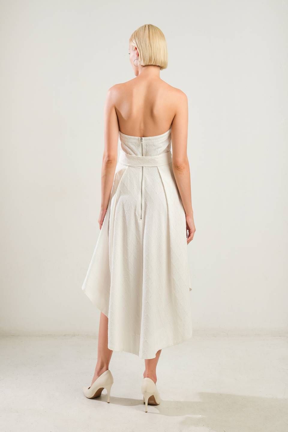 LIFE'S COMPASS White Strapless Midi Dress - Elegant Summer Wedding Guest Dress for Beach Parties & Cocktail Events