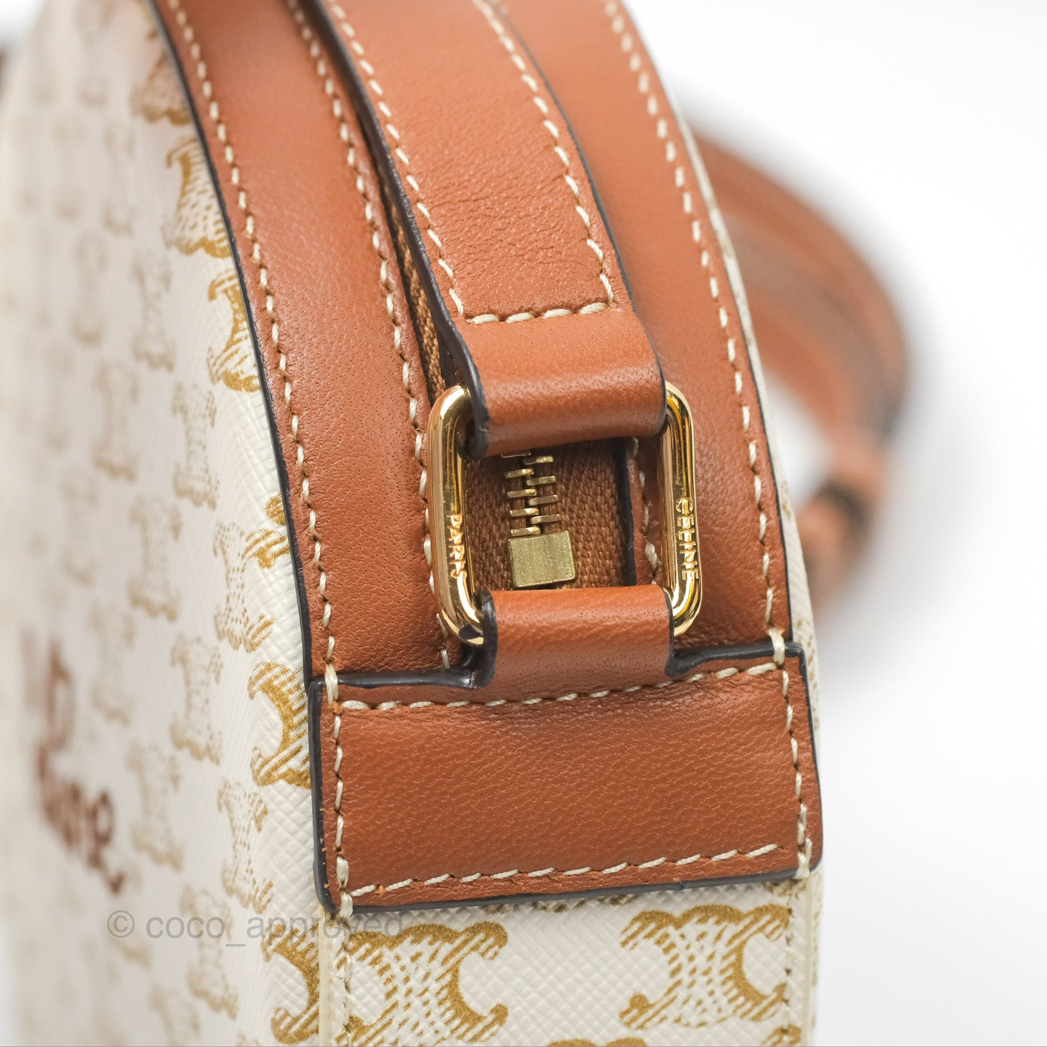 Celine Triomphe Canvas Round Crossbody Bag with Strap - White & Tan for Women | Perfect for Everyday Use, Travel, and Casual Outings