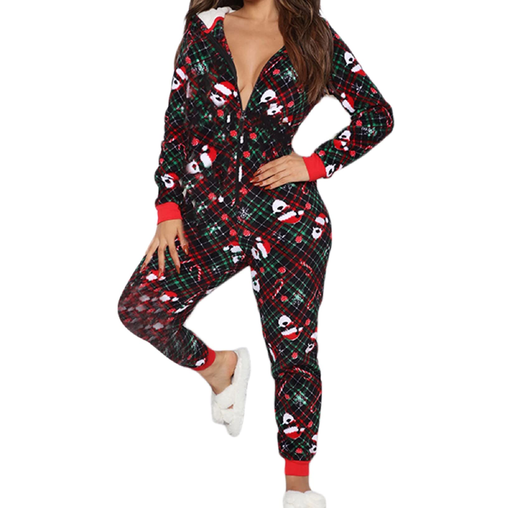 Christmas One Piece Pajamas for Women - Fleece Hooded Jumpsuit with Zipper, Sexy Sleepwear & Loungewear - Perfect for Holiday Parties, Cozy Nights & Gift Giving