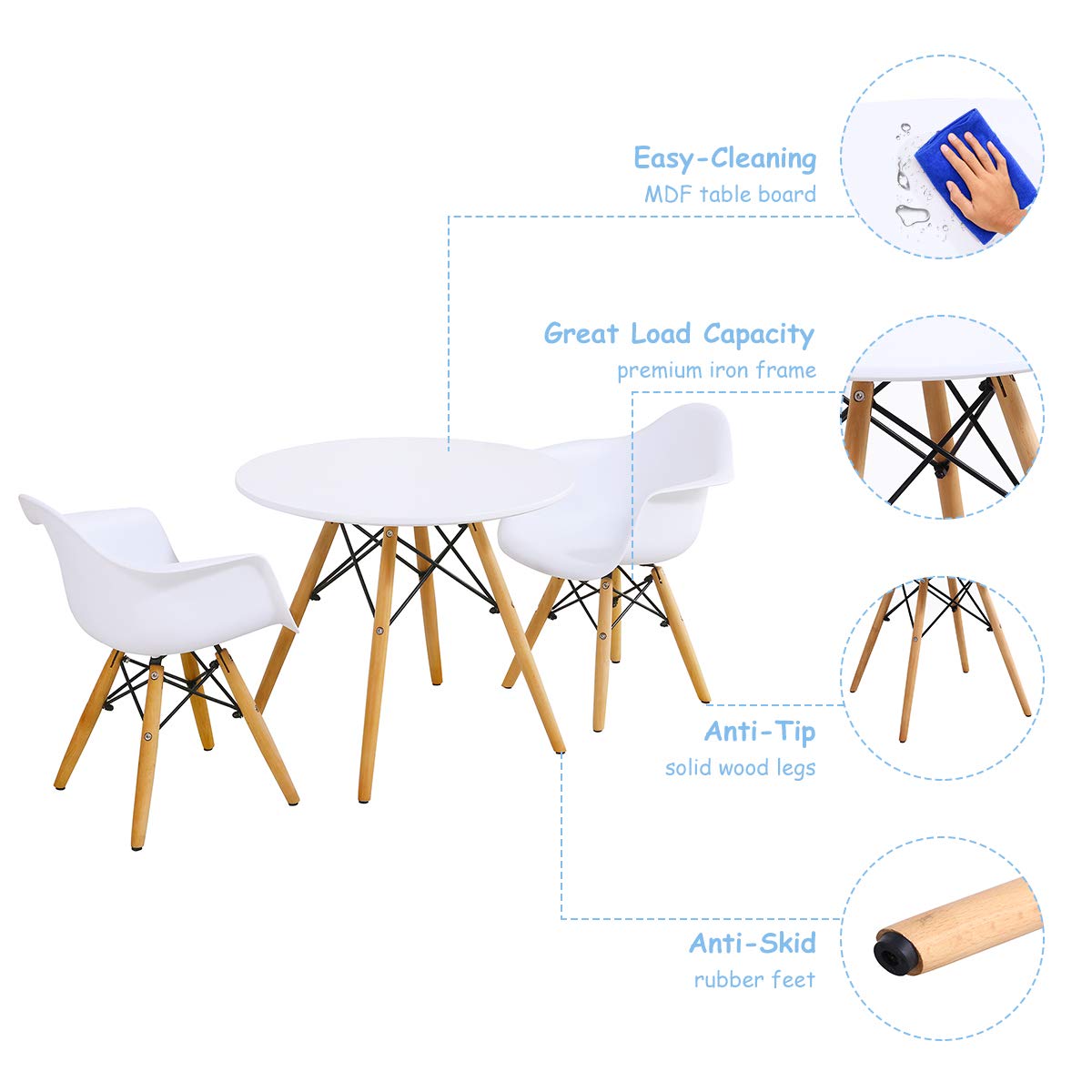 Costzon Kids Table and 2 Chair Set - Mid-Century Modern Style Round Dining Table with Armchairs for Toddlers & Children, White Wooden Table & Chairs for Playroom, Classroom, or Kids Bedroom - Perfect for Arts & Crafts, Snack Time, and Learning Activities