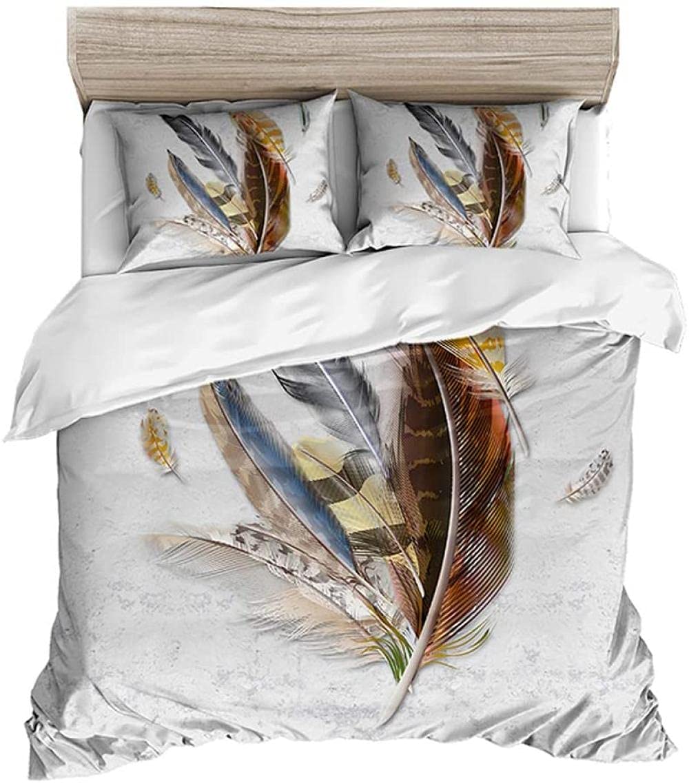 Premium King Size Feather Duvet Cover Set - 3 Piece Luxury Bedding with Peacock & Bird Feather Pattern (1 Duvet Cover + 2 Pillowcases) for Queen/Full/Twin Beds - Soft White Comforter Cover for Adults - Perfect for Master Bedrooms, Guest Rooms & Bohemian Home Decor
