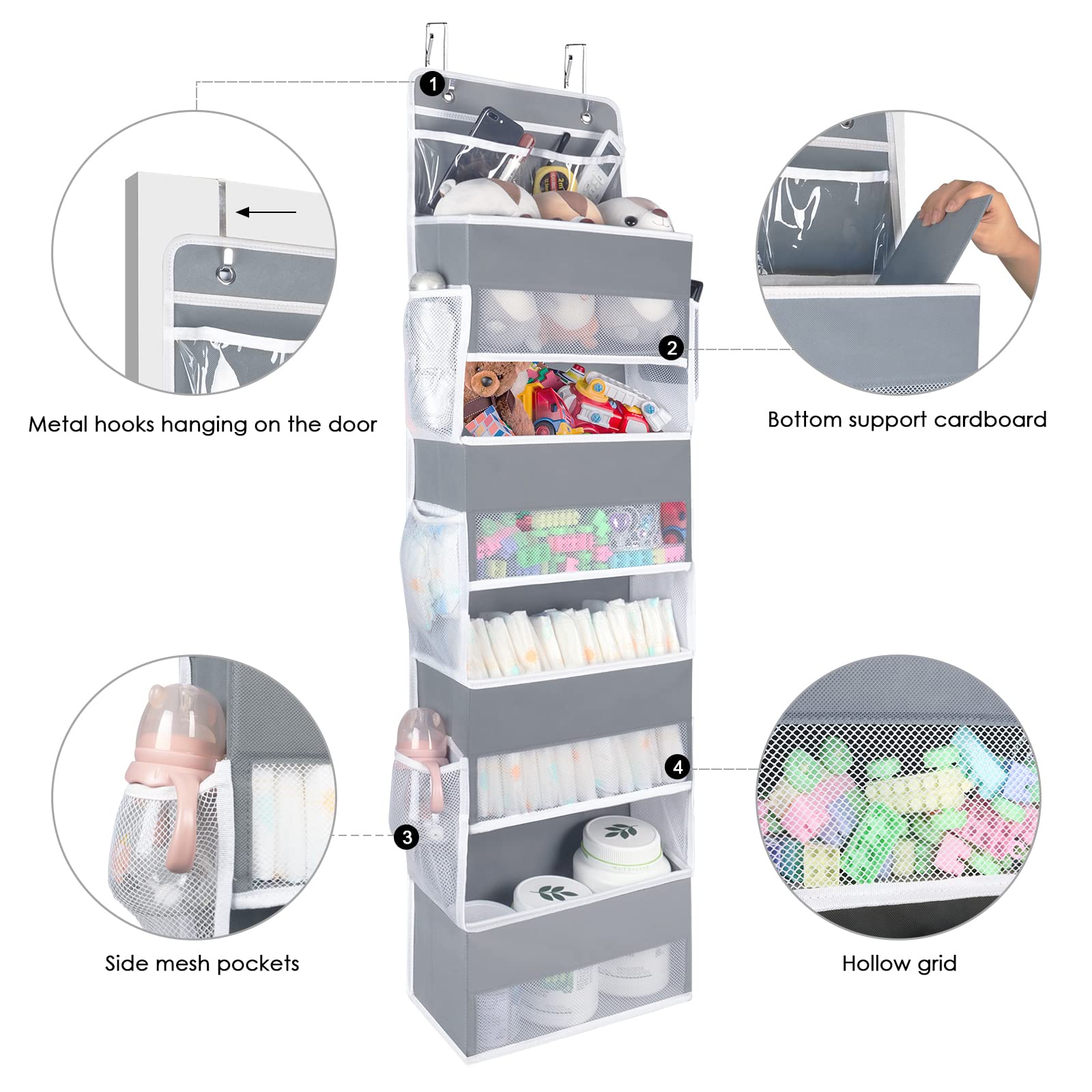 Univivi Over The Door Organizer - 5 Shelf Hanging Storage with 4 Large Compartments & 8 Pockets (2 PVC + 6 Side) for Bathroom, Nursery, Cosmetics | Space Saving Closet & Bedroom Organization Solution