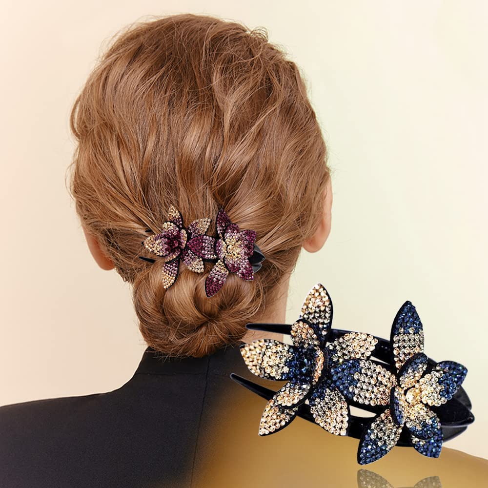 6 Pack Rhinestone Crystal Double Flower Hair Clips for Women & Girls - Non-Slip Duckbill Hairpins with Teeth for Thick Long Hair - Elegant Hair Accessories for Weddings, Parties & Daily Styling