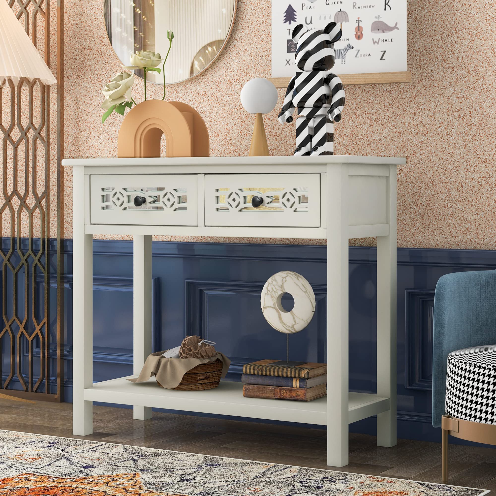 LUMISOL Small Console Table Sofa Table with 2 Drawers & Bottom Shelf - Entryway Accent Table for Living Room, Hallway, Bedroom - Ivory White - Perfect for Home Decor & Small Space Organization