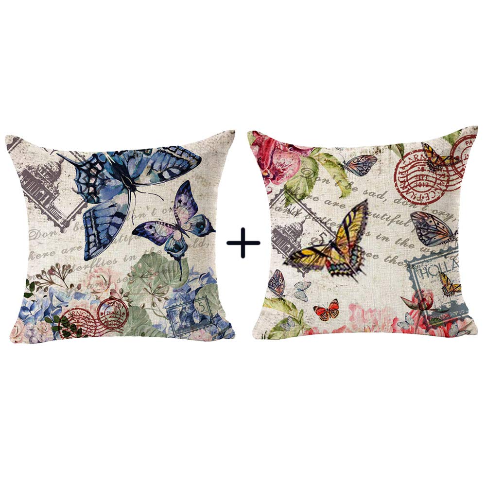 Vintage Butterfly Cotton Burlap Decorative Square Throw Pillow Covers Set of 2 - 18 Inch Cushion Cases for Sofa, Couch & Living Room - Perfect Birthday Gift & Home Decor for Cozy Spaces