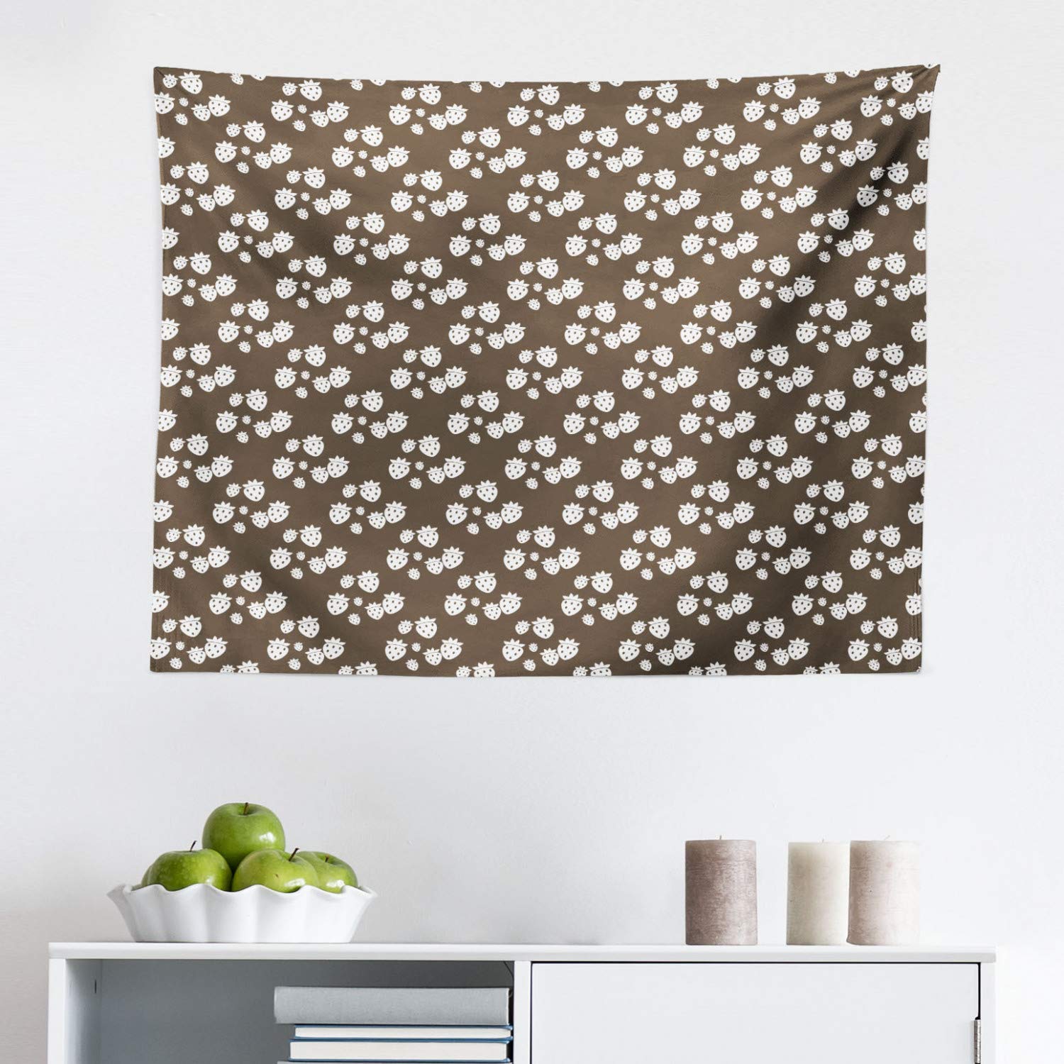 Ambesonne Strawberry Tapestry Wall Art - Dark Taupe & White Silhouette Strawberry Pattern Fabric Wall Hanging Decor for Bedroom, Living Room, Dorm - 28x23 Inches - Perfect for Boho Home Decor, Aesthetic Room Makeover & Cozy Farmhouse Style