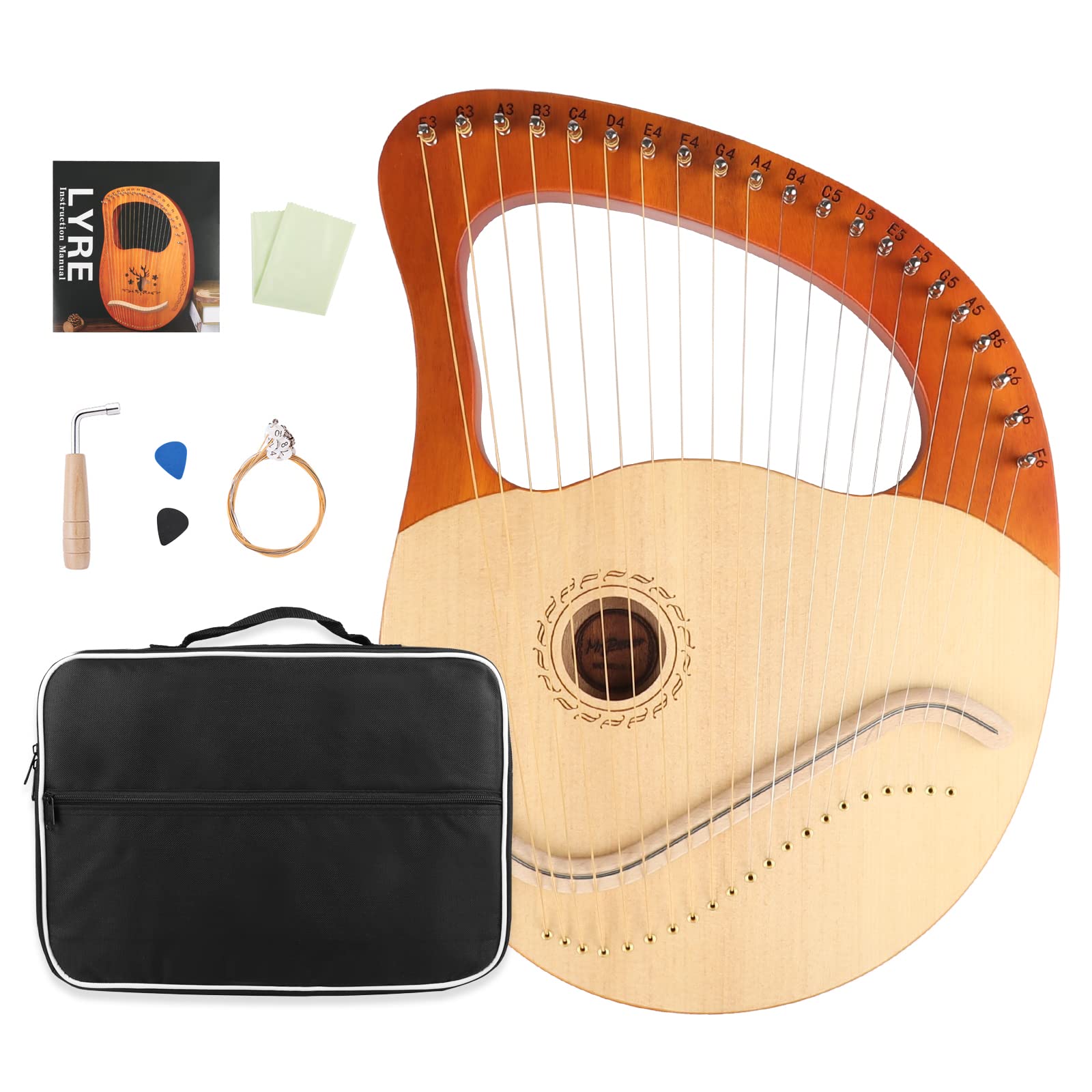 Mr.Power 21-String Lyre Harp with Tuning Wrench, Replacement Strings & Gig Bag - Natural Wood Musical Instrument for Beginners & Music Lovers | Perfect Gift for Friends, Home Decor, Meditation & Music Therapy