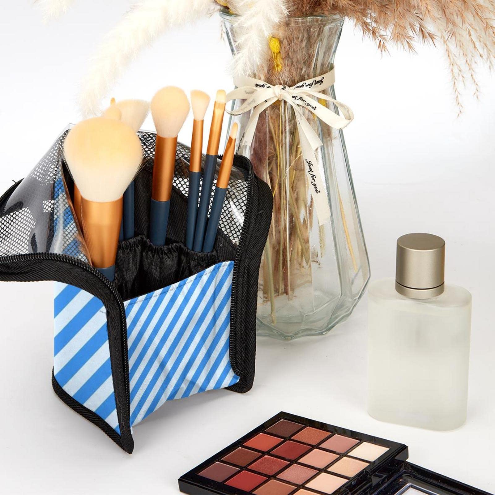 Premium Makeup Brush Organizer Bag with 12 Slots - Blue & White Stripe Travel Cosmetic Brush Holder Case - Perfect for Makeup Artists, Travel & Home Vanity Organization
