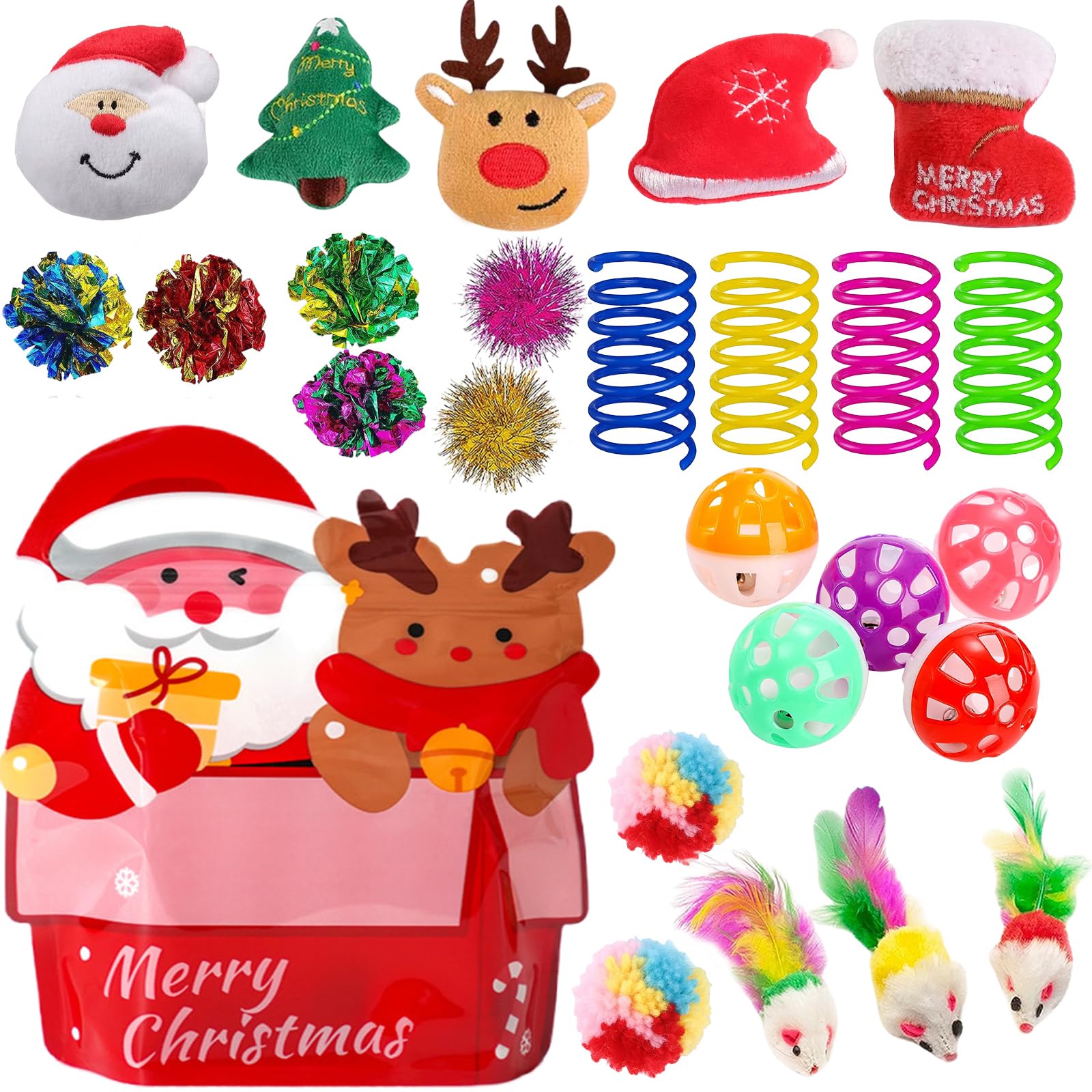 25 Pack Christmas Cat Toys for Kittens - Assorted Cat Spring Toys, Ball Toys, Crinkle Toys & Mouse Toys for Interactive Play | Perfect Holiday Gift for Cat Lovers & Fun Indoor Playtime