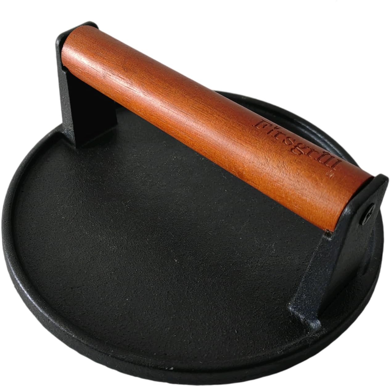 Heavy Duty Cast Iron Grill Press with Wooden Handle - Round Flat Bottom for Burgers, Steaks & Paninis - Perfect for BBQ, Griddle & Stovetop Cooking