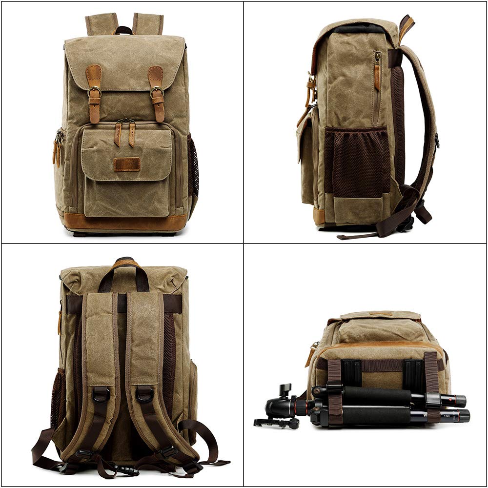 YUHAN Waterproof Canvas DSLR Camera Backpack - Large Capacity Anti-Shock SLR/DSLR Travel Bag with Front Open Access & Lens Organizer (Khaki) - Perfect for Photography Trips, Hiking & Outdoor Adventures