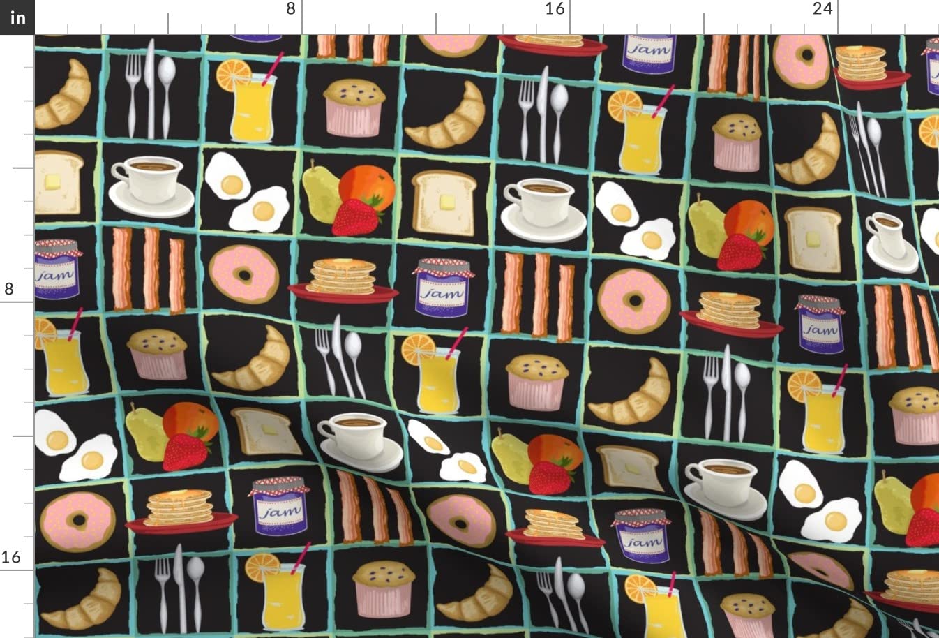 Whimsical Breakfast Pancakes Fruit Coffee Printed Velvet Fabric by The Yard - Upholstery, Home Decor & Apparel Material for Kitchen Curtains, Throw Pillows & DIY Crafts