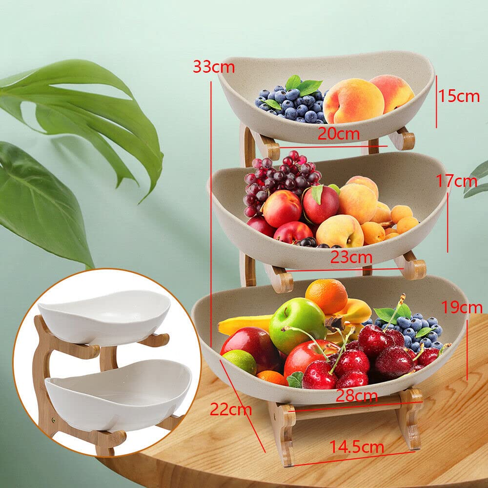 3-Tier Ceramic Fruit Bowl with Bamboo Stand - Large Capacity Serving Tray for Fruits, Vegetables & Snacks | Perfect for Party, Wedding & Home Decor | Durable Kitchen & Dining Storage Solution