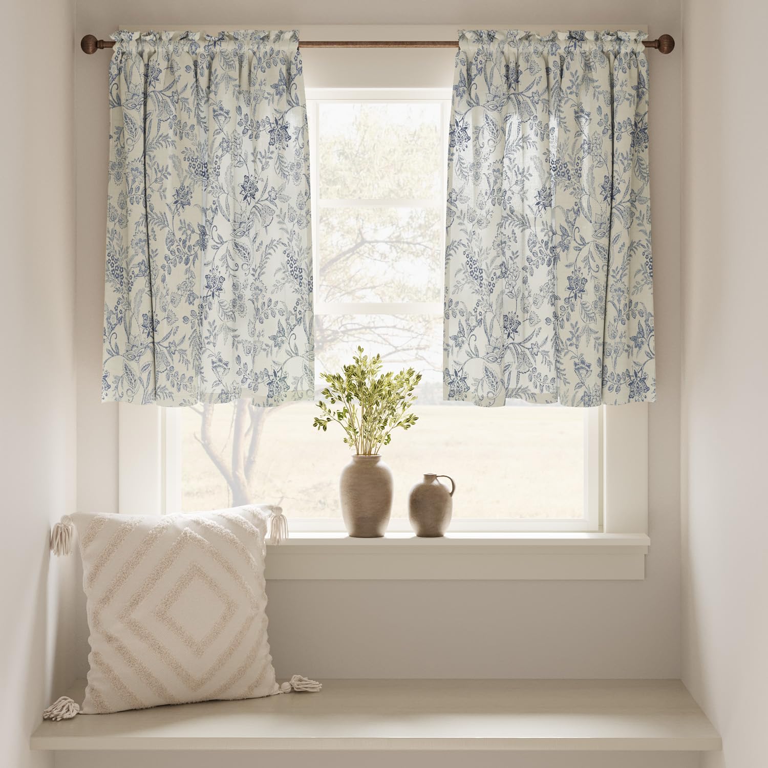 Jinchan Floral Kitchen Curtains 24 Inch - Linen Tier Farmhouse Cafe Curtains for Small Windows | Rustic Botanic Rod Pocket Design in Blue on Beige | Perfect for Country Kitchen, Laundry Room, Bathroom & RV Decor (Set of 2 Panels)