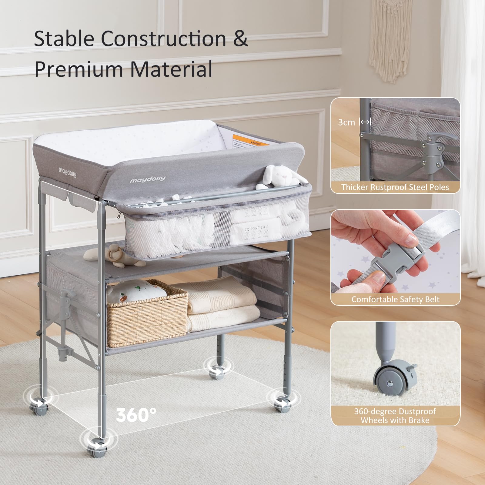 Maydolly Portable Baby Changing Table with Wheels - Adjustable Height, Waterproof Diaper Changing Station & Nursery Organizer - Foldable Design for Newborns & Infants (Grey) - Perfect for Nursery, Bedroom, and Travel Use