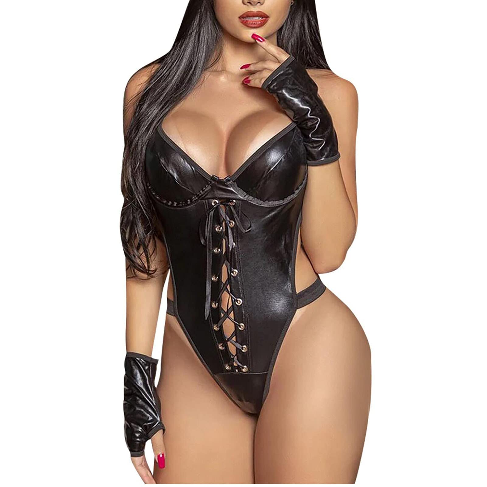 Sexy Women's Lingerie Set - Leather Teddy Corset & Backless Bodysuit Babydoll for Clubwear, Boudoir & Special Occasions | Hollow Out Design for Sensual Appeal | Perfect for Valentine's Day, Anniversary & Intimate Moments
