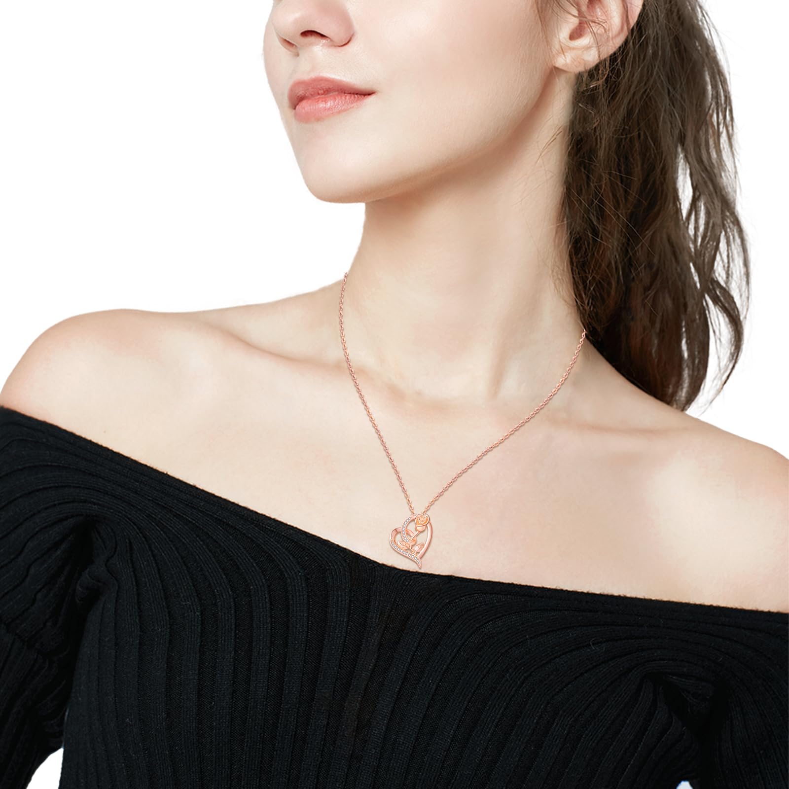 925 Sterling Silver Rose Flower Necklace with Heart Pendant - Elegant Rose Gold Jewelry Gift for Women, Girls & Mom | Perfect for Valentine's Day, Anniversary, Birthday & Special Occasions