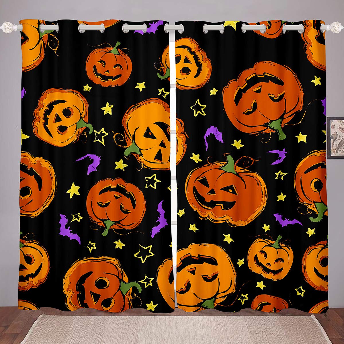Manfei Halloween Pumpkin Window Curtains - Cute Star & Bat Decor for Bedroom & Living Room - 2 Panel Set with Steel Grommet Top (76x45 Inches) - Perfect for Halloween Party Decorations & Seasonal Home Decor