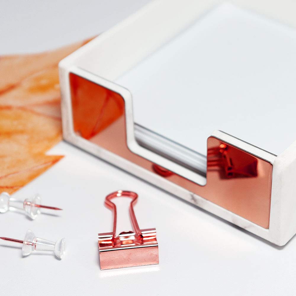 Buqoo Marble White & Rose Gold Sticky Notes Holder - Elegant Desktop Memo Dispenser for Office & Home Organization | Perfect for Workstation, Study Desk & Gift Giving