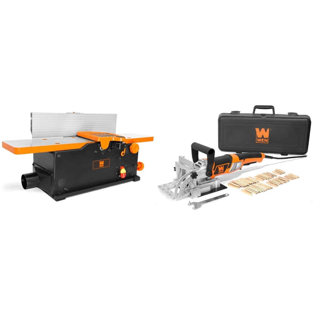 WEN JT3062 10-Amp 6-Inch 2-Blade Benchtop Jointer & JN8504 8.5-Amp Plate Biscuit Joiner with Case and Biscuits – Perfect for Woodworking, DIY Projects, and Professional Carpentry