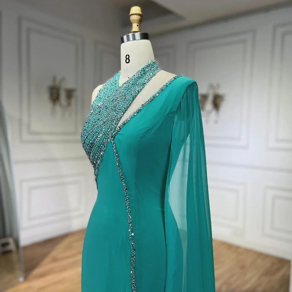 Elegant Turquoise Green Chiffon Evening Dress with Cape Sleeves - Dubai Style LA72101 for Women's Party & Formal Events