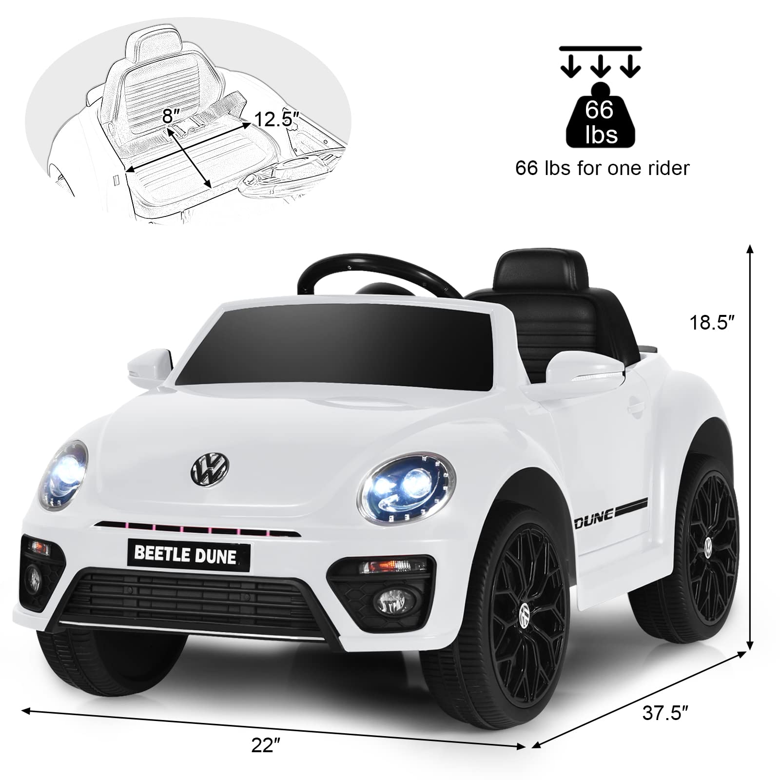 Costzon 12V Licensed Volkswagen Beetle Kids Electric Ride-On Car with Remote Control, Spring Suspension, LED Lights, USB Port, Horn & Music – 4-Wheeler Battery-Powered Vehicle for Boys & Girls (White) | Perfect Birthday Gift, Outdoor Play & Pretend Driving Fun