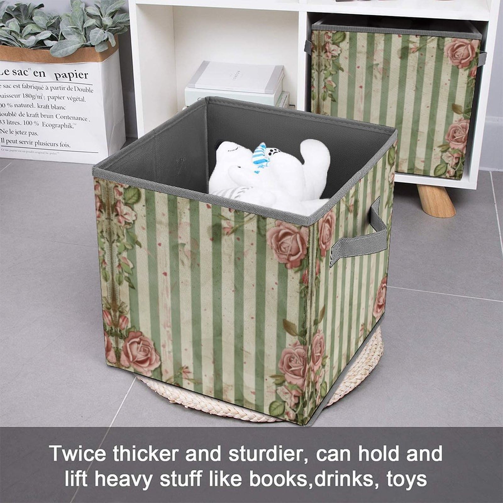 Foldable Fabric Storage Bins with Handles - Cube Organizer for Clothes, Toys & Home Organization (Roses & Green Plants Design) | Perfect for Closet, Cabinet & Shelf Storage - Ideal for Bedroom, Nursery & Dorm Organization