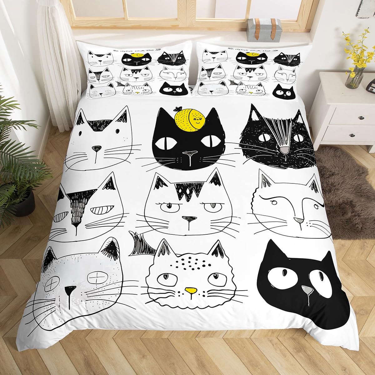 Cartoon Cat Duvet Cover Set Twin Size for Kids - 100% Soft Microfiber 3-Piece Bedding Set with Mini Cats & Fish Print - Black Grey White Design for Boys Girls Room Decor | Perfect for Children's Bedroom, Nursery, or Sleepover Party