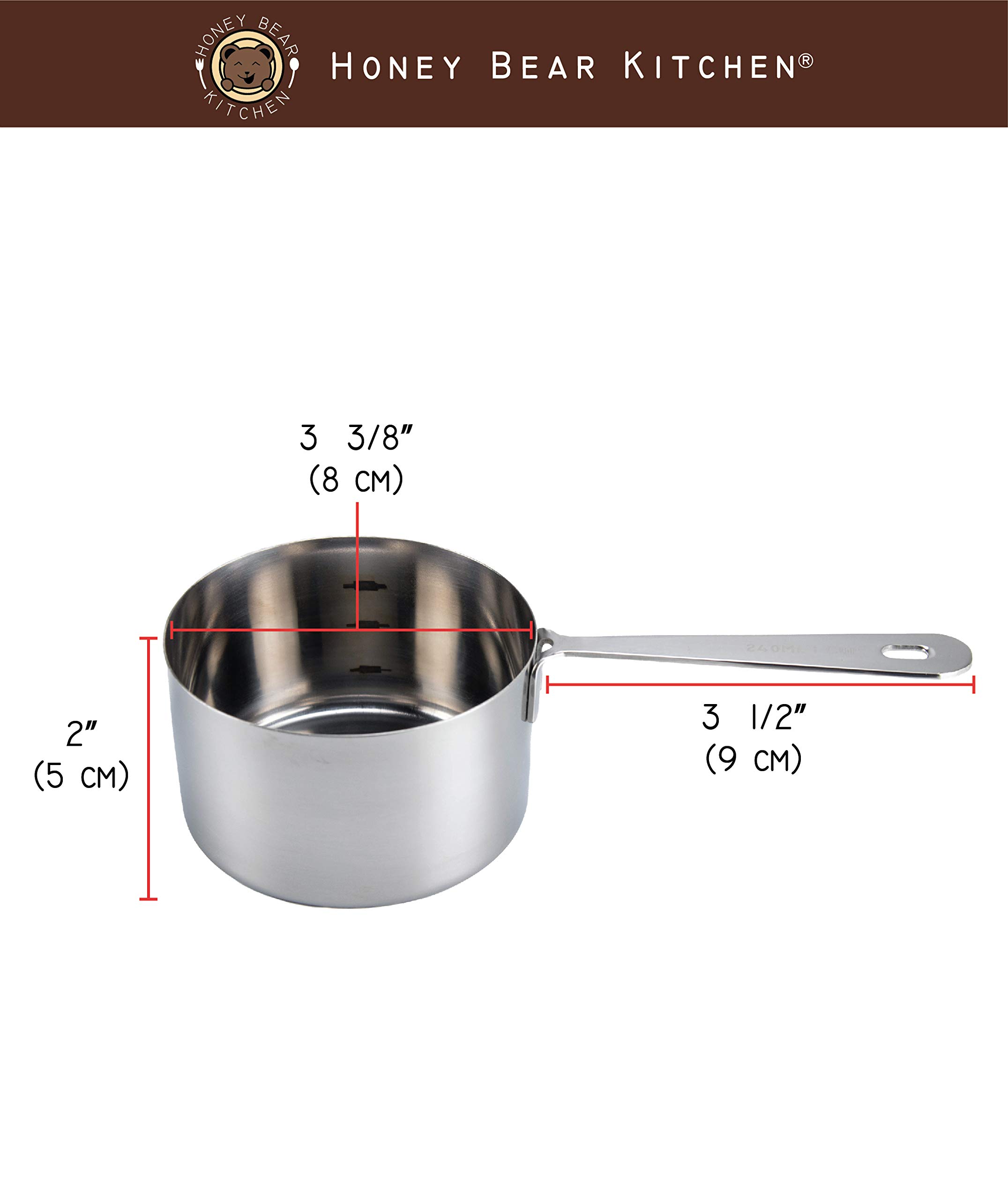 Honey Bear Kitchen 1 Cup (240ml) Stainless Steel Measuring Scoop Set of 2 - Perfect for Baking, Cooking & Meal Prep